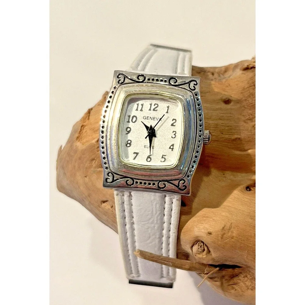 Geneva Elite Watch Women's Silver Tone Ornate White Leather Band- New Battery